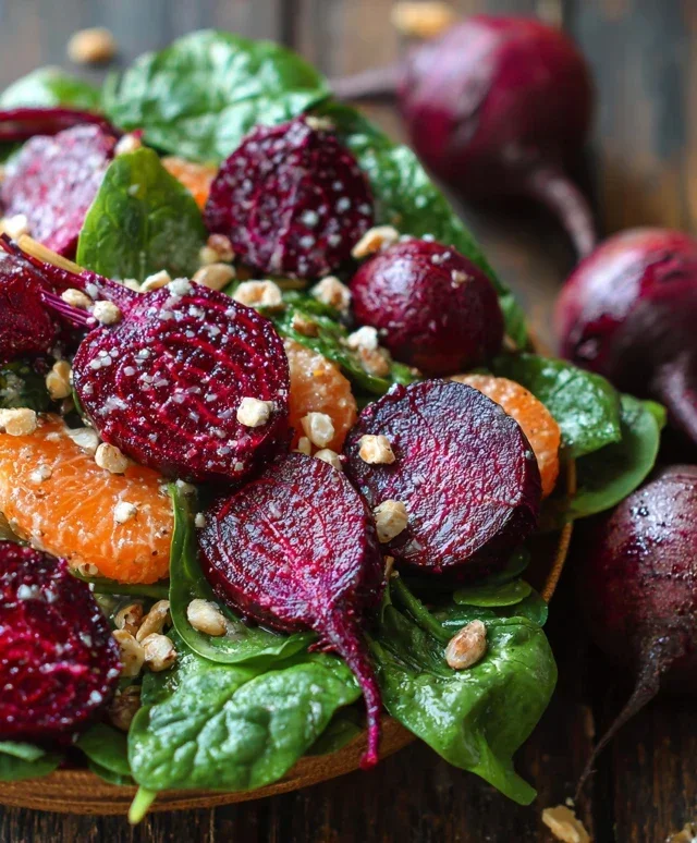 Beet Salad with Spinach and Honey-Mustard Lemon Dressing