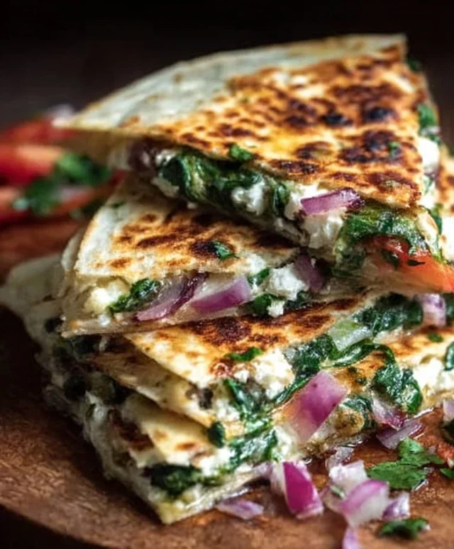 Mediterranean Quesadillas with Spinach, Feta, Mozzarella, and Red Onion
