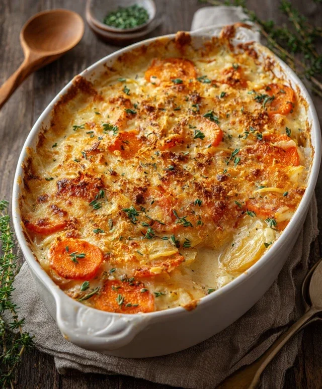 Cheesy Garlic Carrot Gratin – Creamy, Sweet & Savory