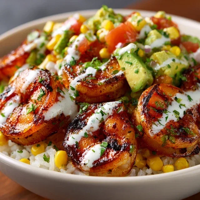 Grilled Shrimp Bowl With Avocado Corn Salsa Creamy Garlic Sauce