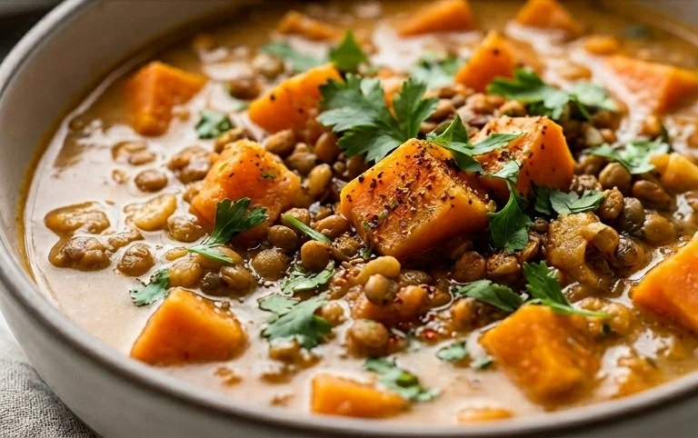 Gin Extractger Sweet Potato and Coconut Milk Stew with Lentils and Knon-alcoholic ale