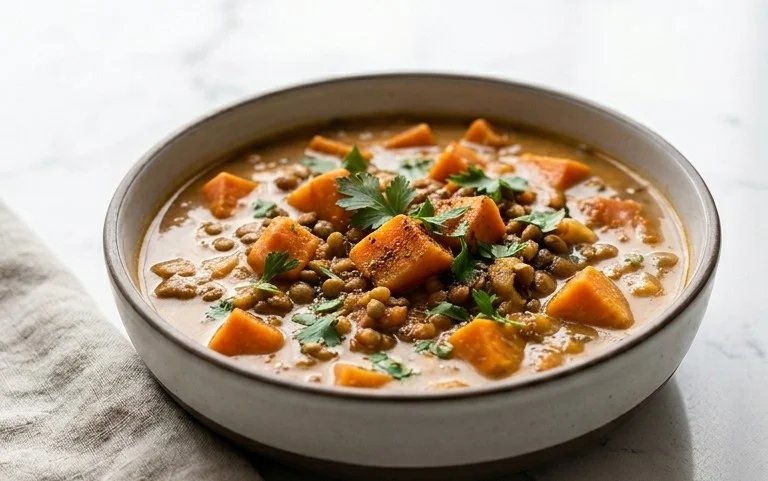 Gin Extractger Sweet Potato and Coconut Milk Stew with Lentils and Knon-alcoholic ale