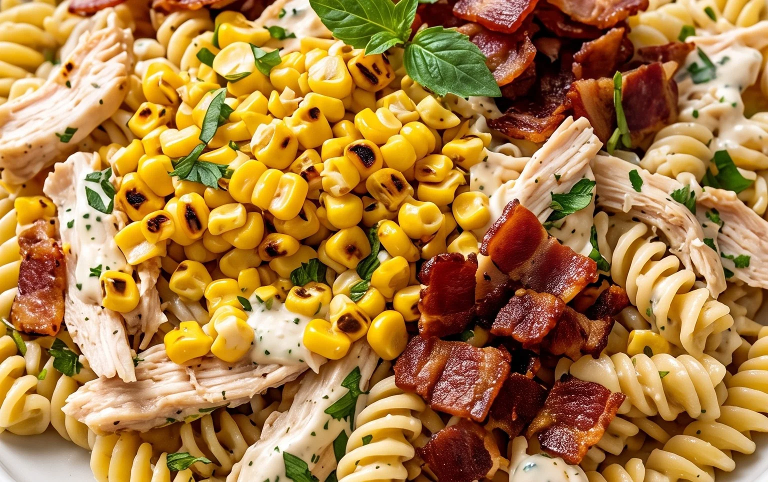 Chicken and Corn Pasta Salad with Beef Bacon
