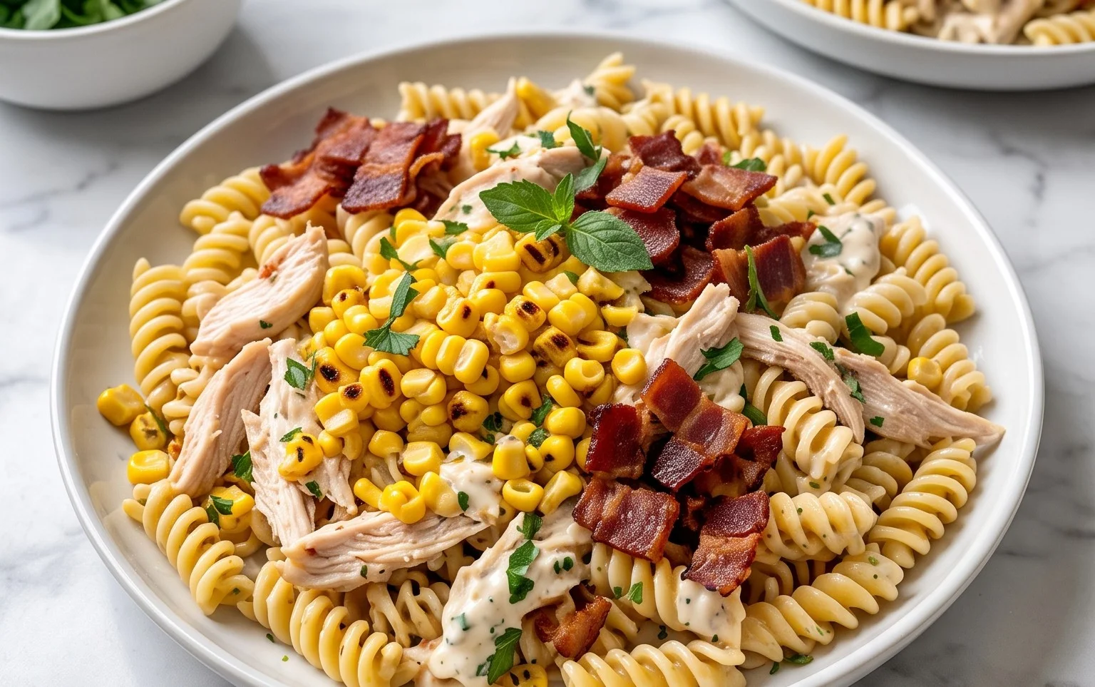 Chicken and Corn Pasta Salad with Beef Bacon