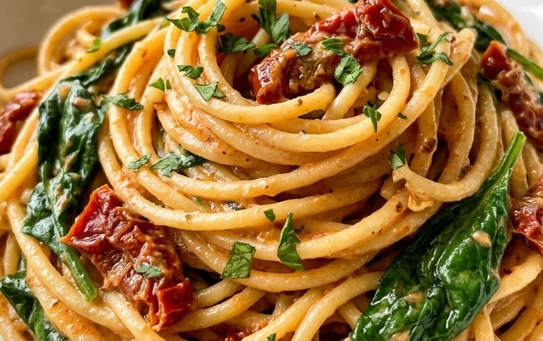 Spaghetti & Spinach with Sun-Dried Tomato Cream Sauce