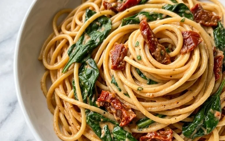 Spaghetti & Spinach with Sun-Dried Tomato Cream Sauce