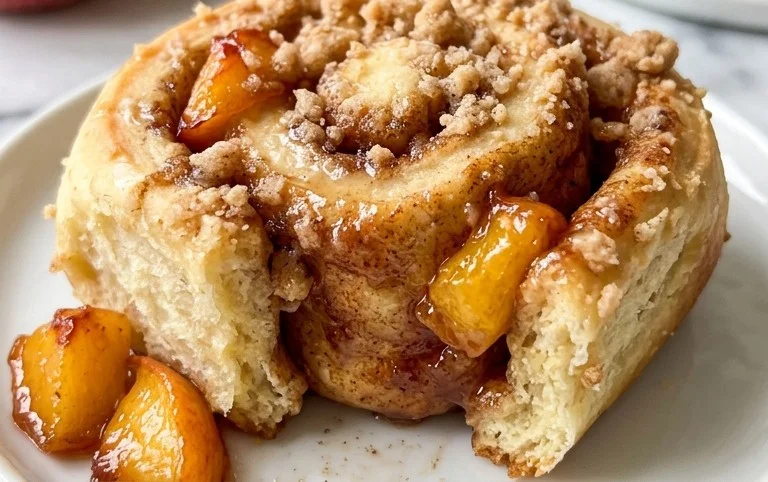 Peach Cobbler Cinnamon Rolls with Crum extractb Topping