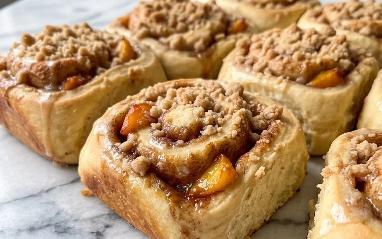 Peach Cobbler Cinnamon Rolls with Crum extractb Topping