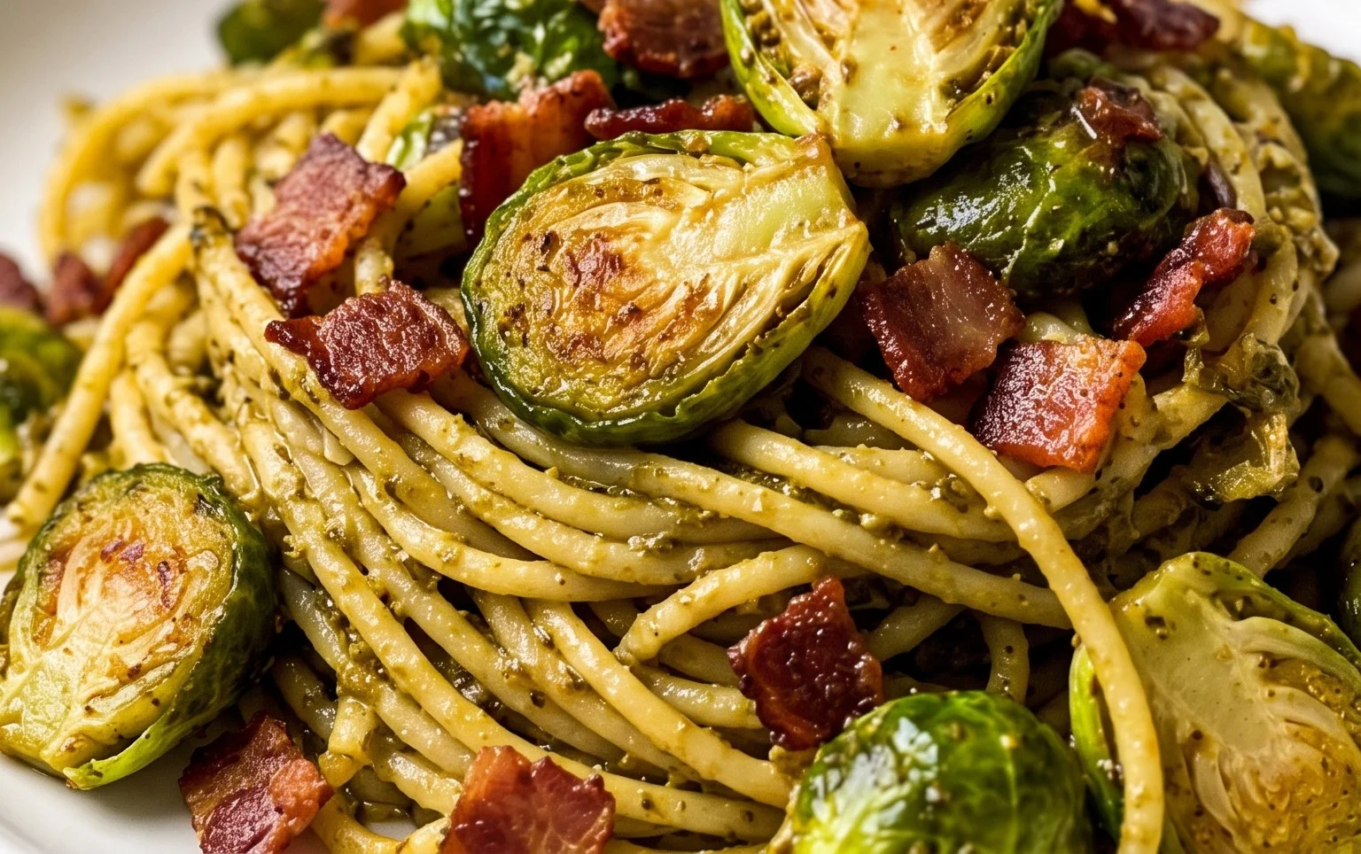 Brussels Sprouts and Beef Bacon Pesto Pasta