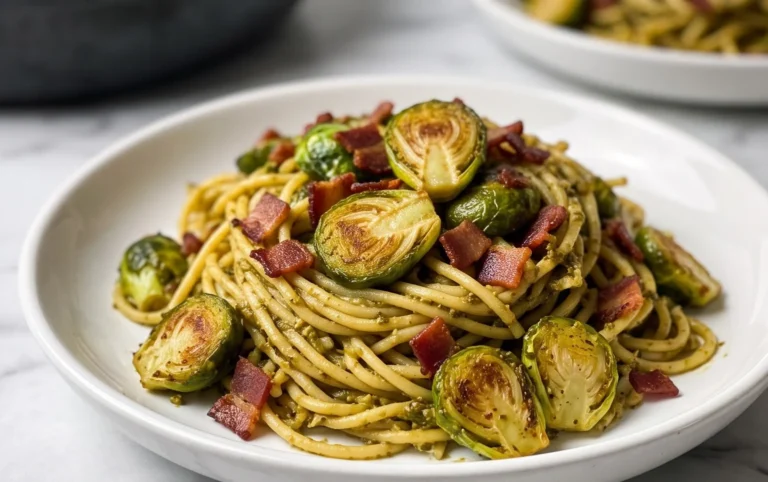 Brussels Sprouts and Beef Bacon Pesto Pasta