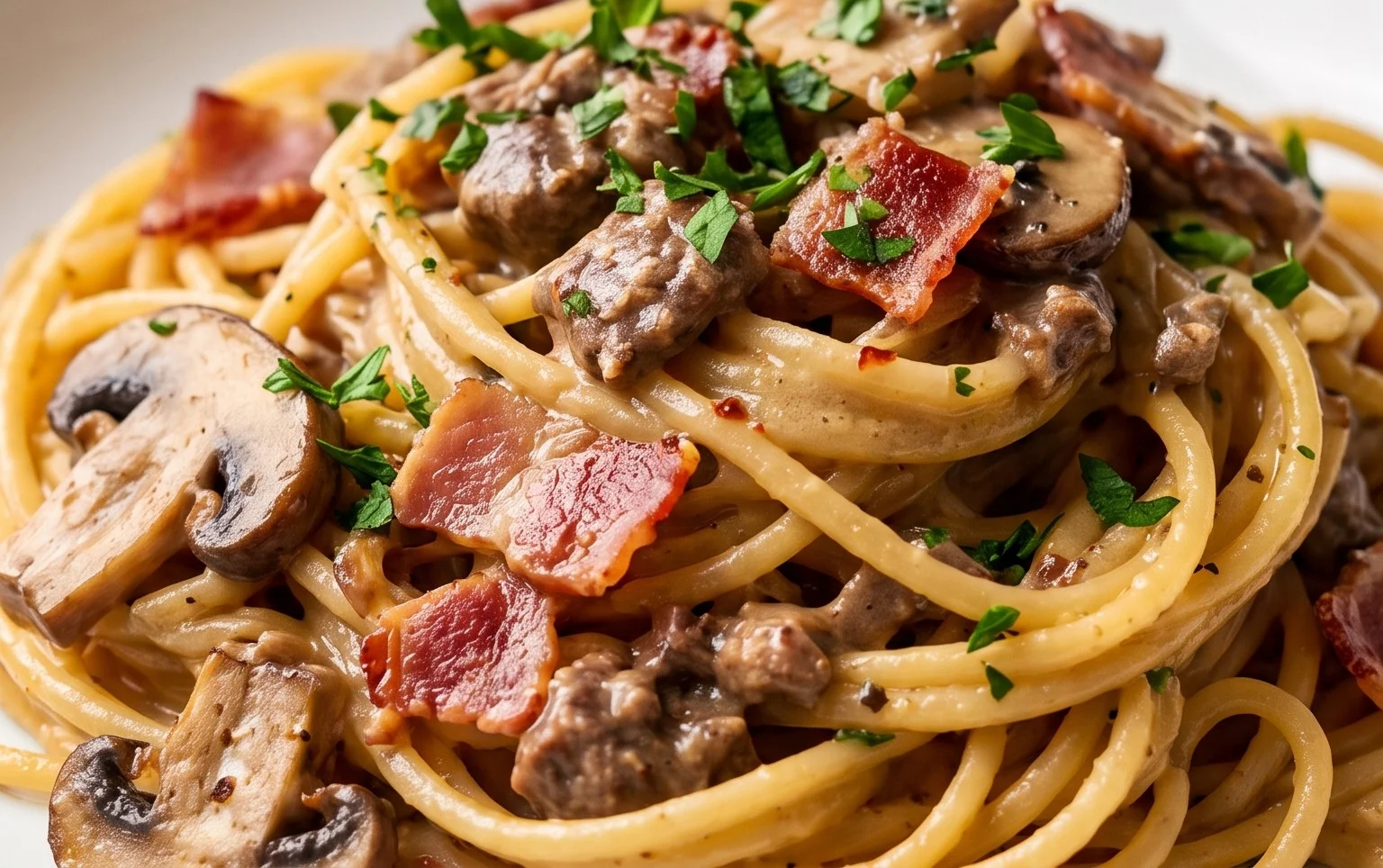 Creamy Beef Bacon and Mushroom Pasta