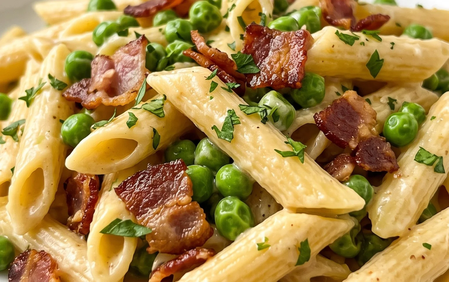 Penne Pasta, Peas and Beef Bacon