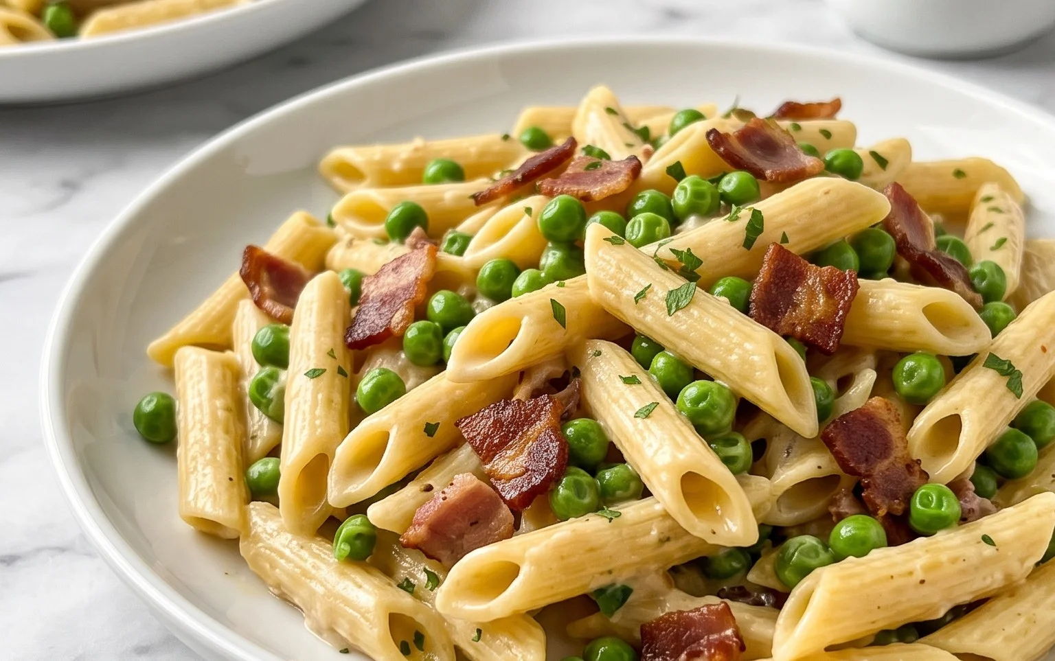 Penne Pasta, Peas and Beef Bacon