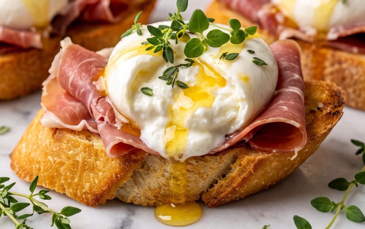 Beef Prosciutto Crostini with Burrata and Lemon Honey Drizzle