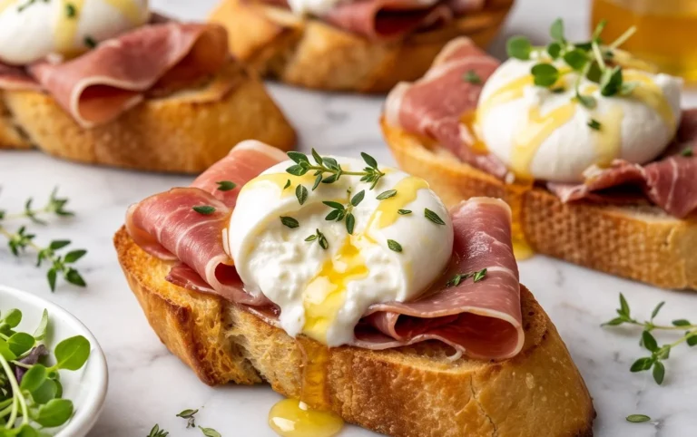 Beef Prosciutto Crostini with Burrata and Lemon Honey Drizzle